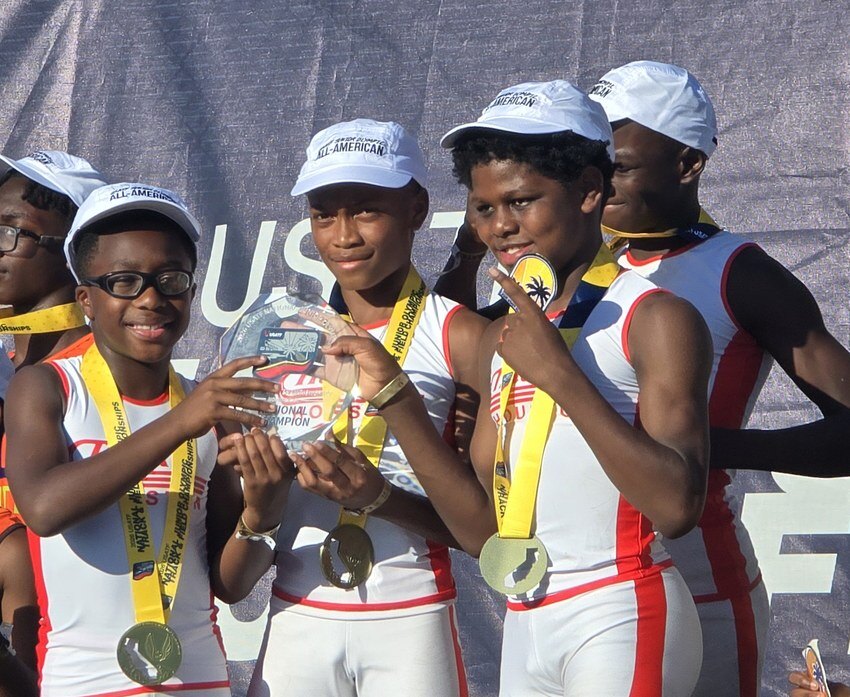11-12 Boys 4x100m relay on the podium at the 2026 National Junior Olympics